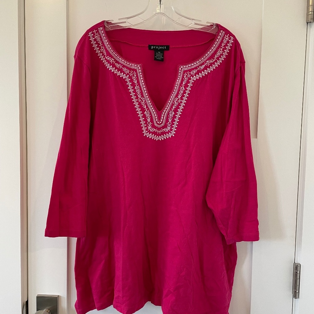 Pink Cotton 3X Tunic with white Embroidery detail